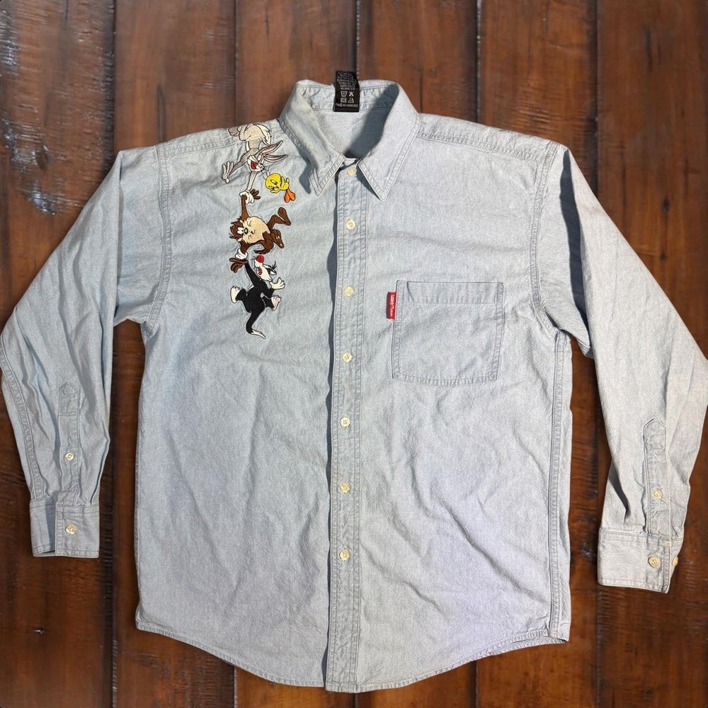 Vintage 90s Warner Bros Looney Tunes Embroidered Denim Shirt S